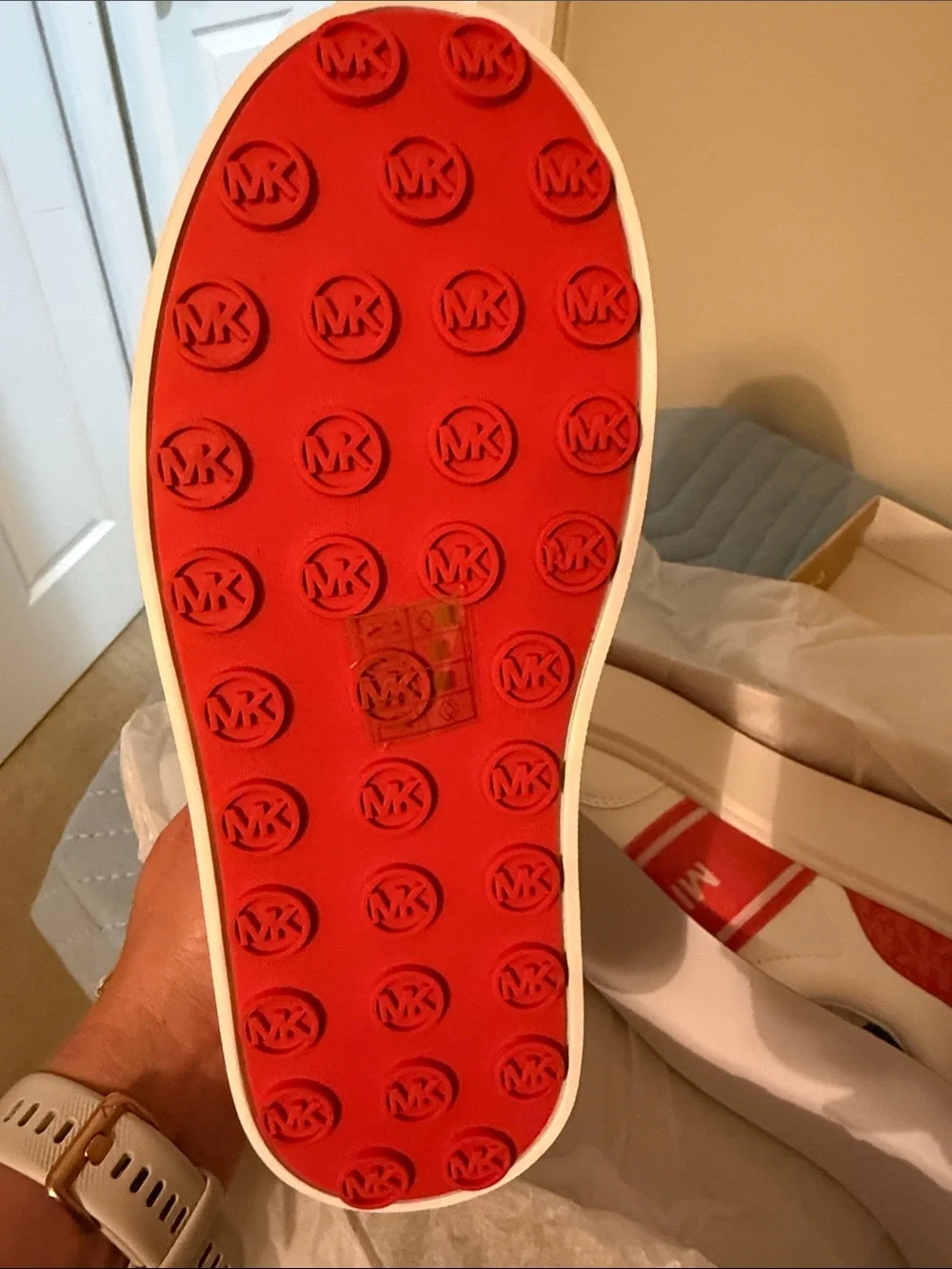Michael Kors Kids White Sneakers with Red Logo Band